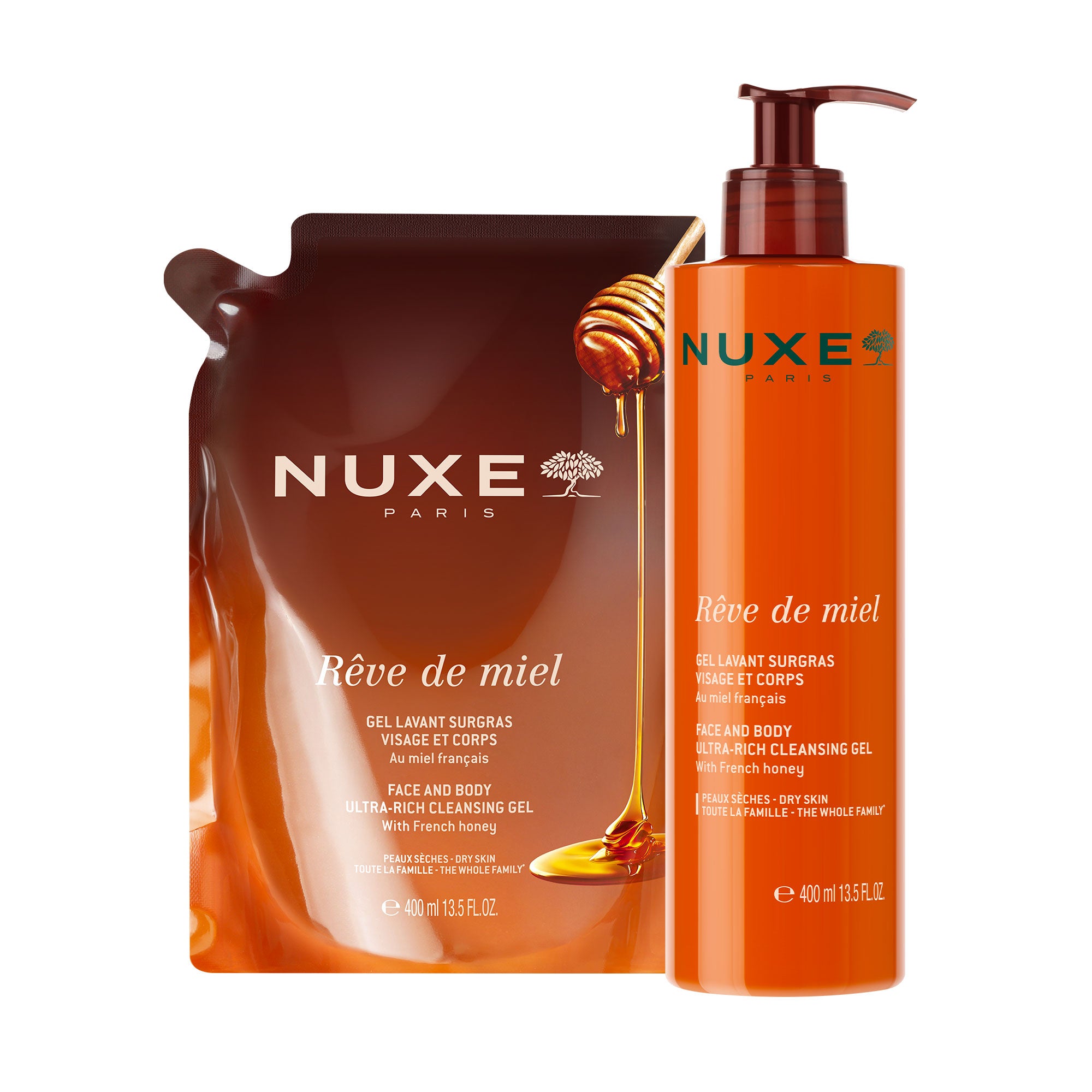 Rückfettendes Reinigungsgel Gesicht und Körper & Nachfüllpackung, Rêve de Miel®