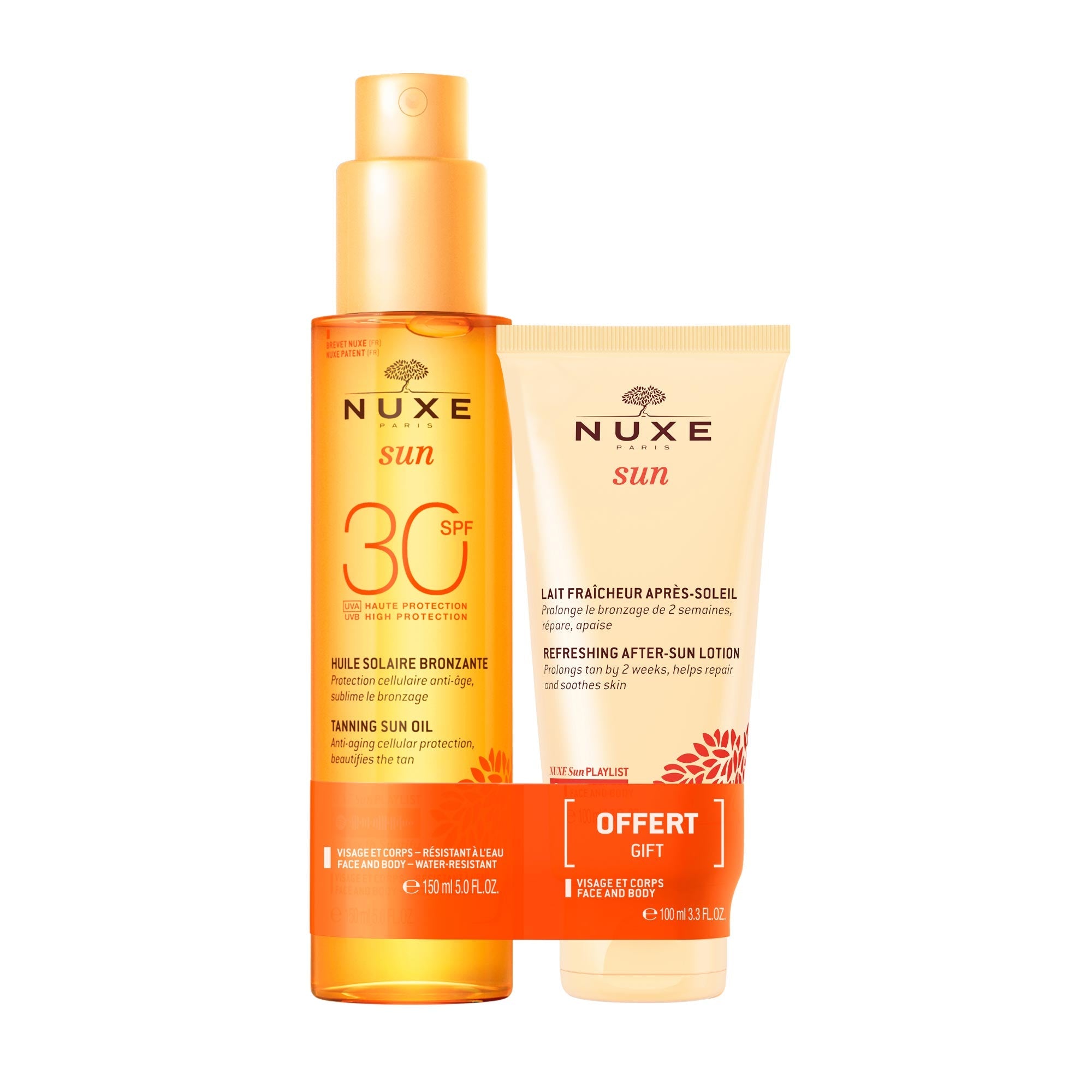 Duo Huile Solaire Bronzante Haute Protection SPF30 Visage et Corps et Lait Fraicheur Après - Soleil Visage et Corps 100ml Offert - NUXE