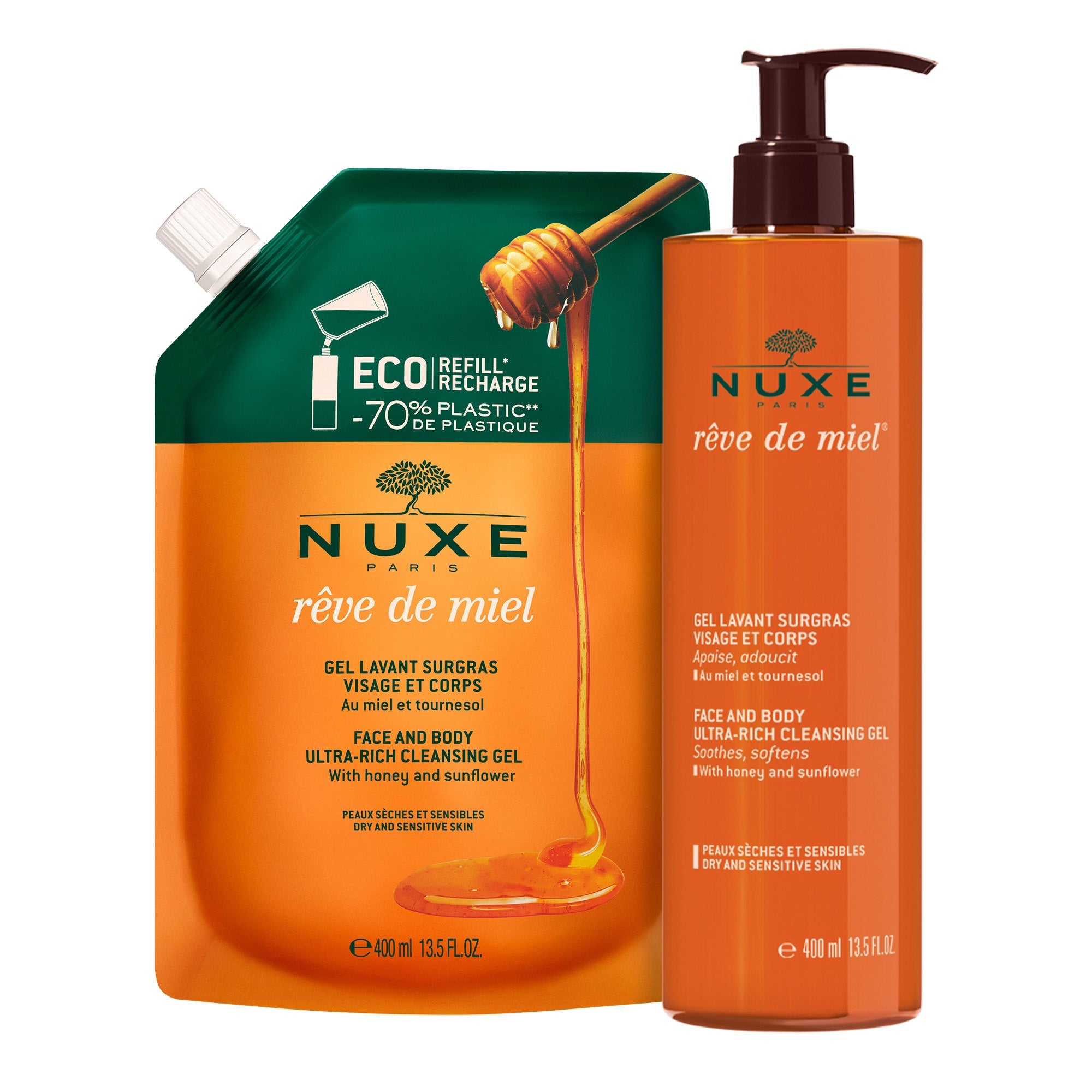 Gel lavant surgras visage et corps, Rêve de Miel® & sa recharge - NUXE